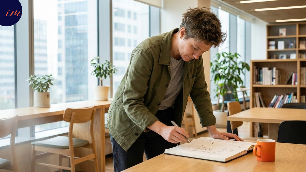 A person stands at a desk in a bright learning space, engaged in active problem-solving with a notebook, surrounded by natural light and minimal decor